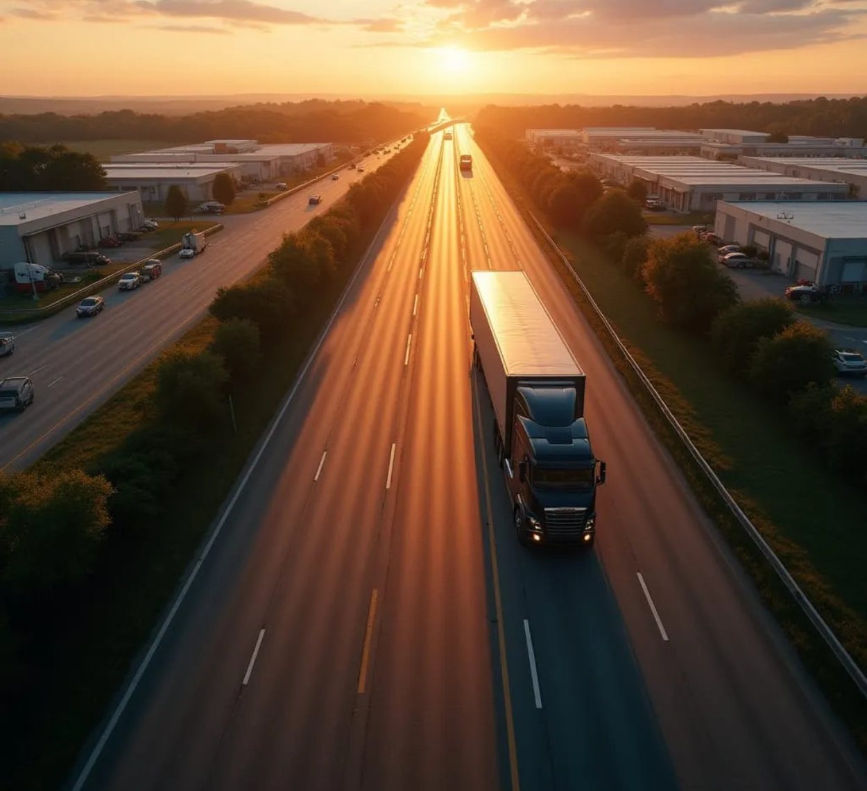 Aerial view of an industrial park at sunset